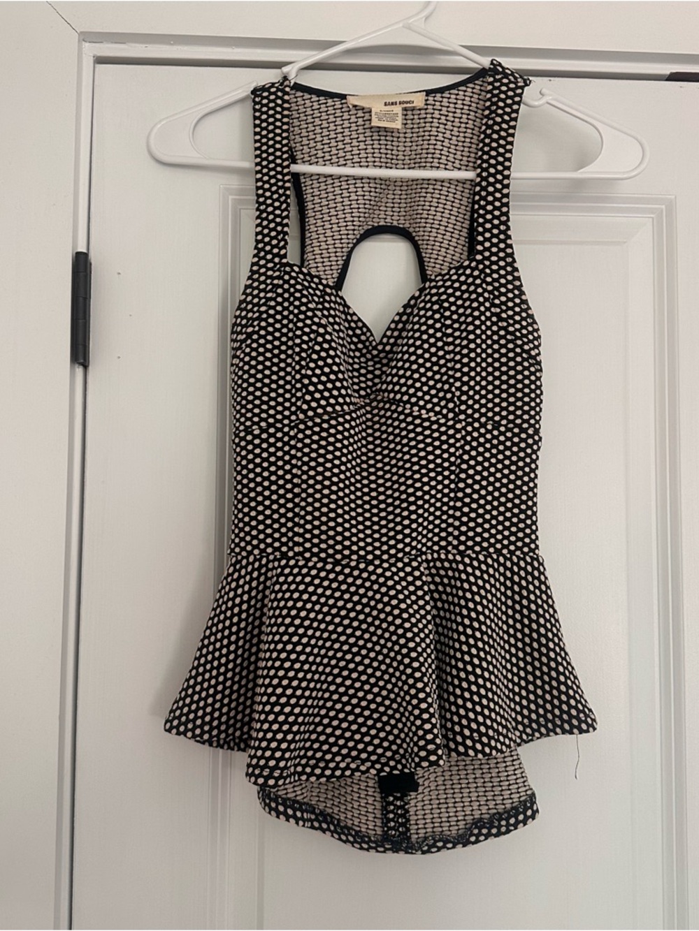 Sans Souci Black and Off White Polka Dot Peplum Top